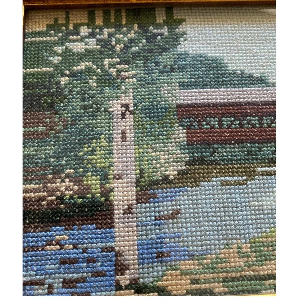 Cross stitch covered bridge‎ With Mirror VTG Wood Framed w Mirror granny chic